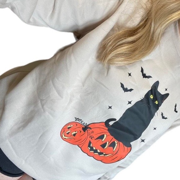 New Plus Halloween Black Cat Orange Pumpkin Print Thermal Lined Cream Sweatshirt - Picture 5 of 11